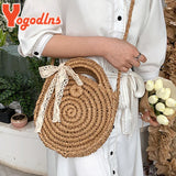 Summer Bow Knitted Straw Bag Round Crossbody Rattan Shoulder