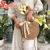 Summer Bow Knitted Straw Bag Round Crossbody Rattan Shoulder