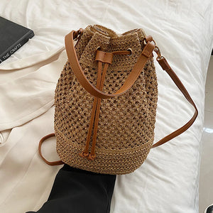 Summer Braided Straw Bucket Bag Drawstring Shoulder Crossbody Bag