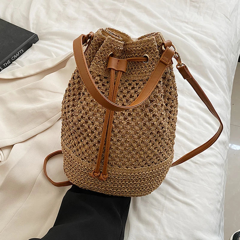 Summer Braided Straw Bucket Bag Drawstring Shoulder Crossbody Bag