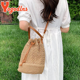 Summer Braided Straw Bucket Bag Drawstring Shoulder Crossbody Bag