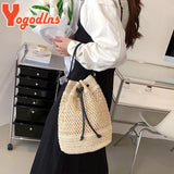 Summer Braided Straw Bucket Bag Drawstring Shoulder Crossbody Bag