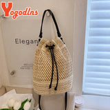 Summer Braided Straw Bucket Bag Drawstring Shoulder Crossbody Bag