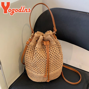 Summer Braided Straw Bucket Bag Drawstring Shoulder Crossbody Bag