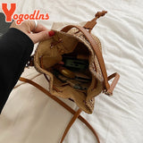 Summer Braided Straw Bucket Bag Drawstring Shoulder Crossbody Bag