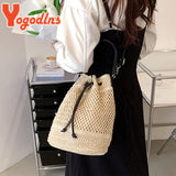 Summer Braided Straw Bucket Bag Drawstring Shoulder Crossbody Bag