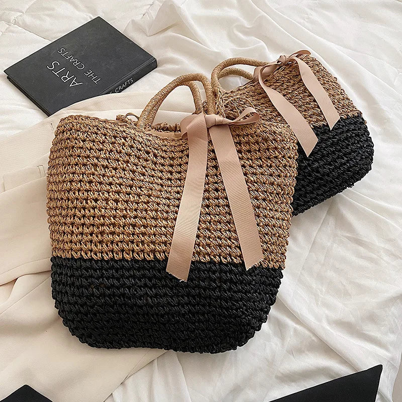 Summer Straw Bags Ribbons Bowknot Beach Bag Knitting Handbags Women