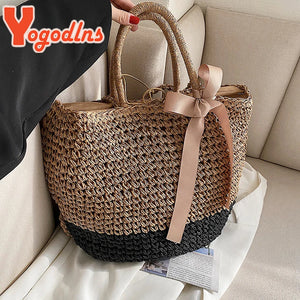Summer Straw Bags Ribbons Bowknot Beach Bag Knitting Handbags Women