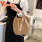 Summer Straw Bags Ribbons Bowknot Beach Bag Knitting Handbags Women
