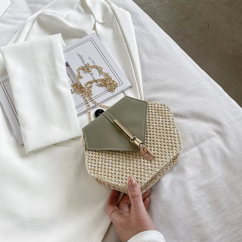 Summer Hexagon Rattan Straw Shoulder Bag Crossbody Bag