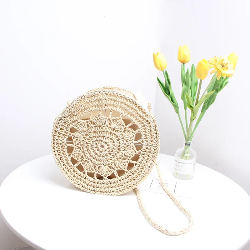 Summer Straw Beach Bag Round Shape Hollow Shoulder Messenger Crossbody Bag