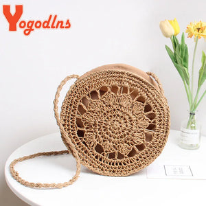 Summer Straw Beach Bag Round Shape Hollow Shoulder Messenger Crossbody Bag
