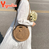 Summer Rattan Round Shoulder Bag Women's Beach Crossbody Handbag