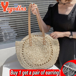 Summer Round Straw Bag For Women Hollow Woven Travel Beach Bag
