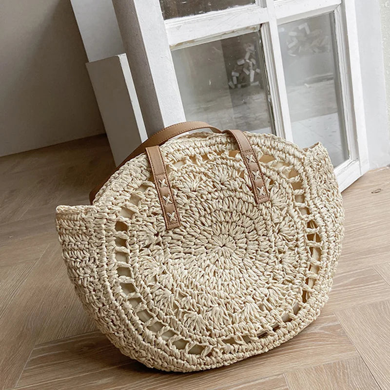 Summer Round Straw Bag For Women Hollow Woven Travel Beach Bag