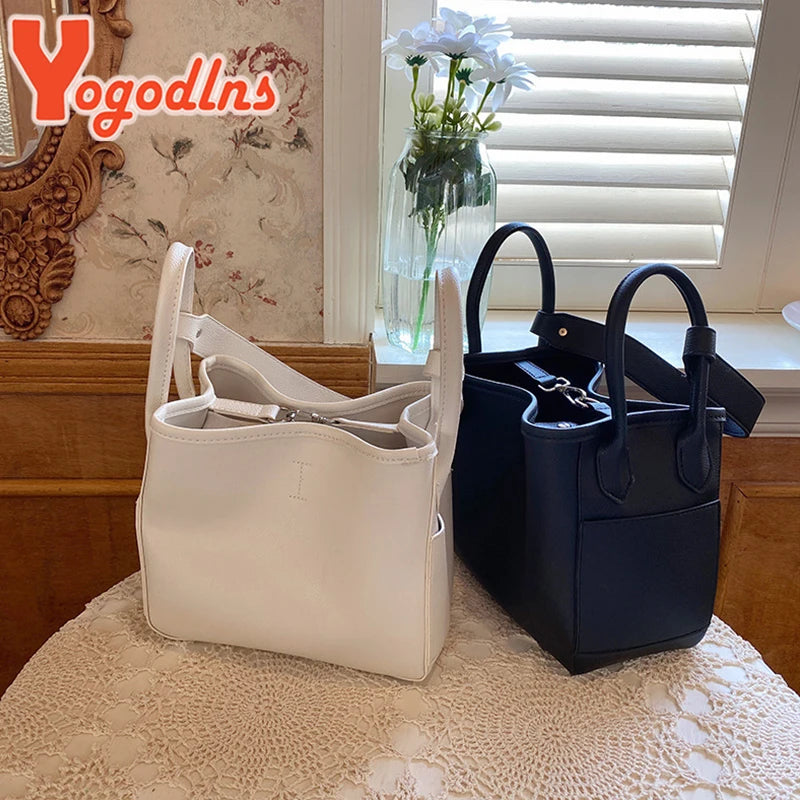 Vintage Leather Bucket Bag for Women Shoulder Messenger Lady Bag