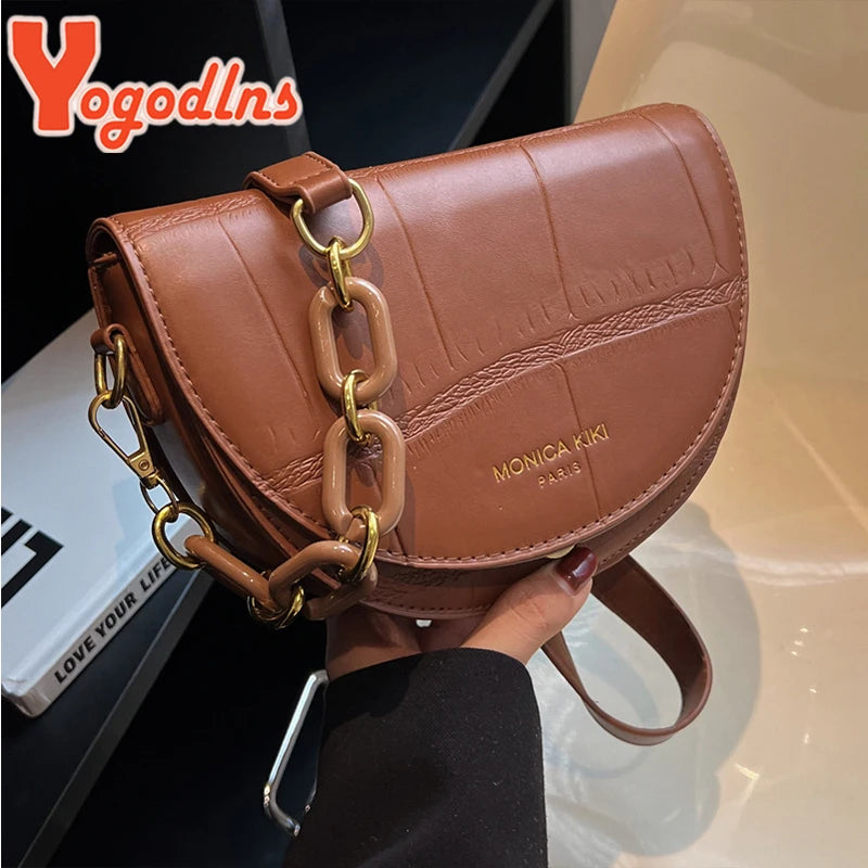 Vintage Saddle Bag PU Leather Flap Shoulder Chains Crossbody Lady Messenger