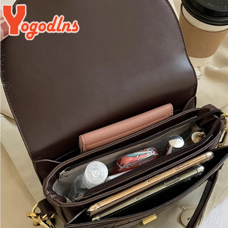 Vintage Saddle Bag PU Leather Flap Shoulder Chains Crossbody Lady Messenger