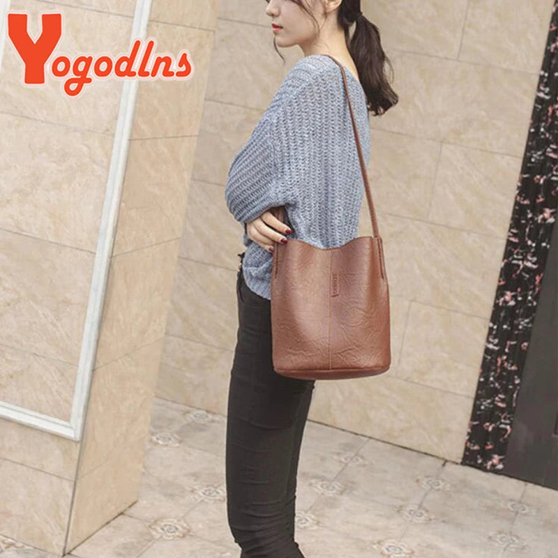 Vintage Bucket Bag PU Leather Crossbody Handbag