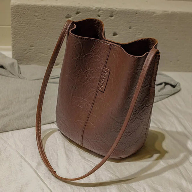 Vintage Bucket Bag PU Leather Crossbody Handbag