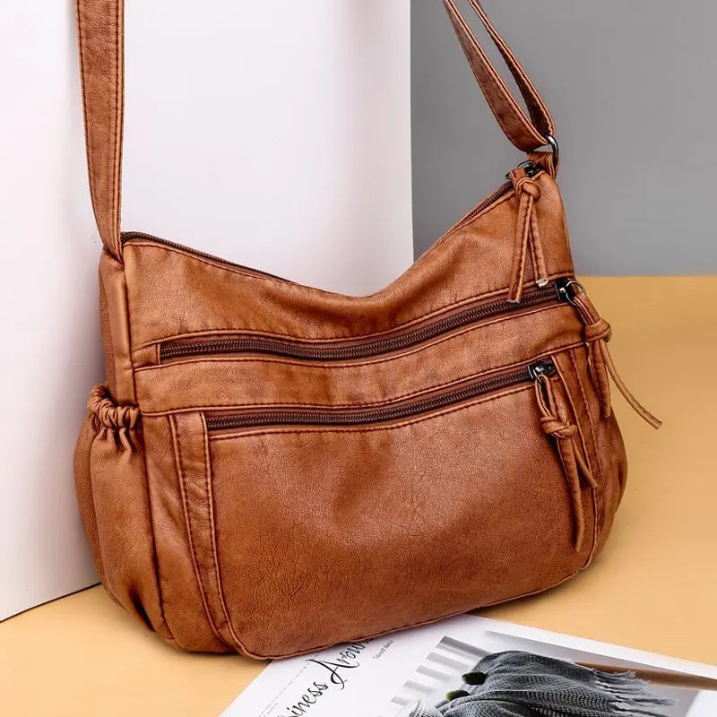 Vintage Soft Leather Shoulder Bag Multi-pocket Crossbody Bag