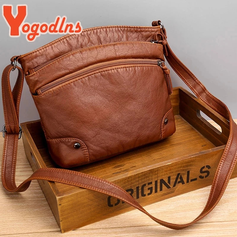 Vintage Soft PU Leather Shoulder Bag Female Zipper Messenger Handbag