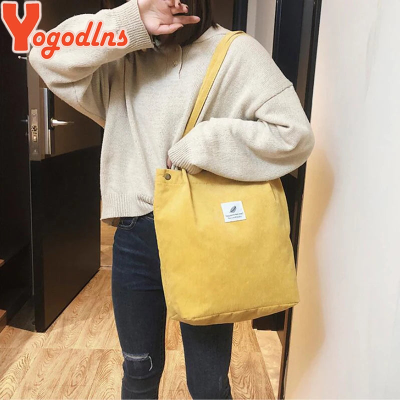 Women Corduroy Shoulder Bag Cotton Canvas Big Casual Female Eco Crossbody Bag