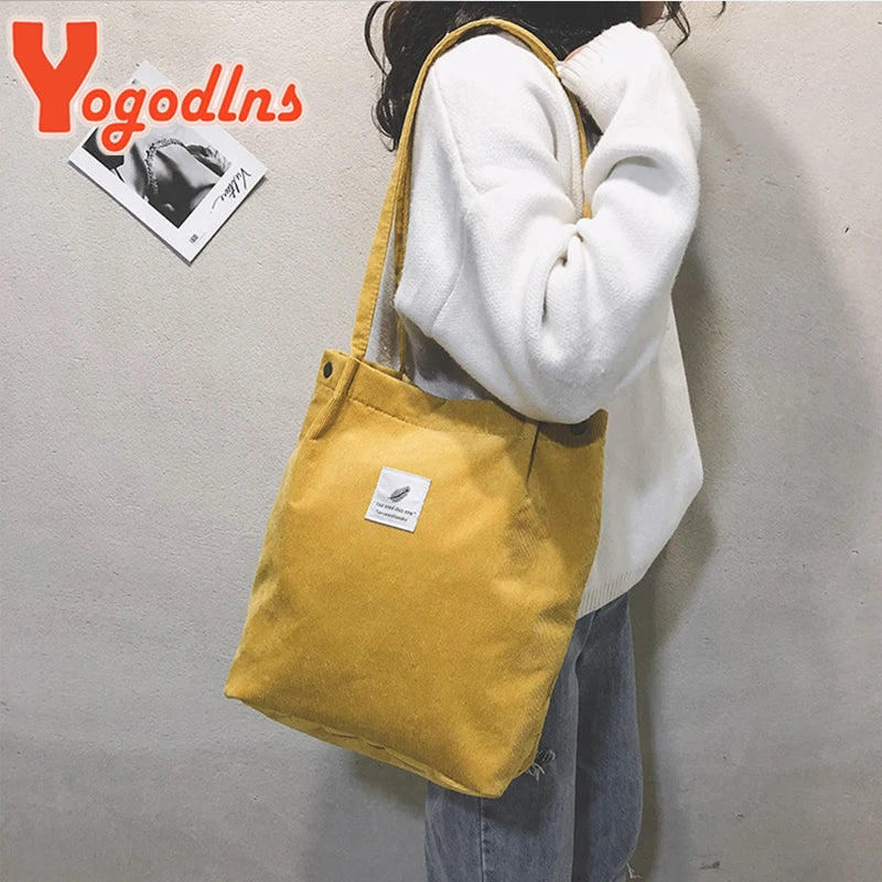Women Corduroy Shoulder Bag Cotton Canvas Big Casual Female Eco Crossbody Bag