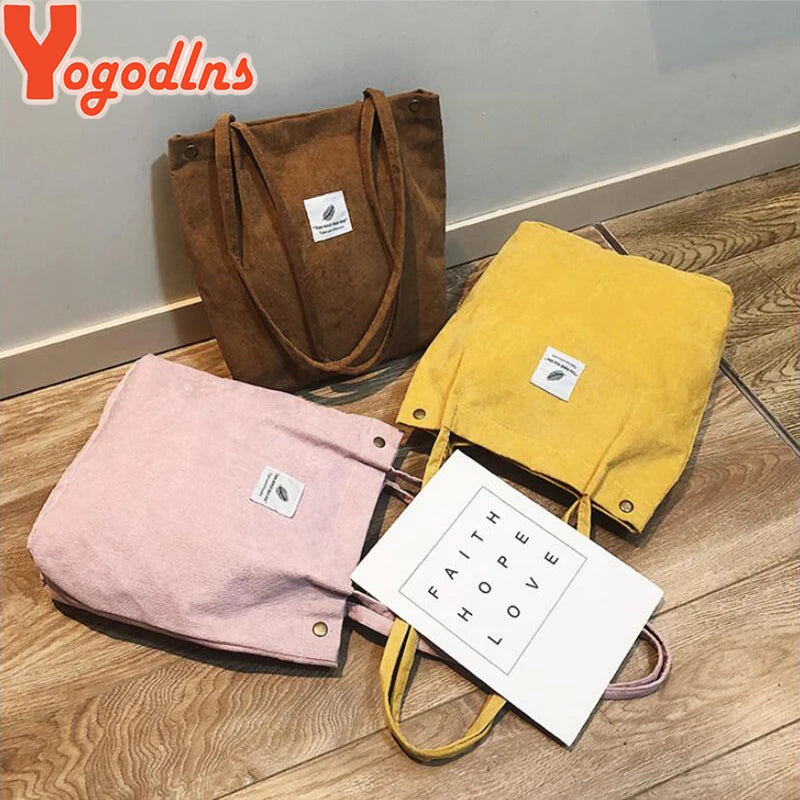 Women Corduroy Shoulder Bag Cotton Canvas Big Casual Female Eco Crossbody Bag