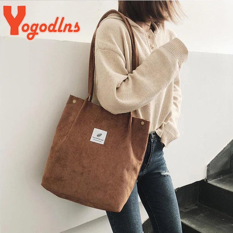 Women Corduroy Shoulder Bag Cotton Canvas Big Casual Female Eco Crossbody Bag