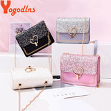 Women Sequin Love Shape Lock Shoulder Bag Chain Flap Bag