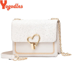 Women Sequin Love Shape Lock Shoulder Bag Chain Flap Bag