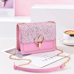Women Sequin Love Shape Lock Shoulder Bag Chain Flap Bag