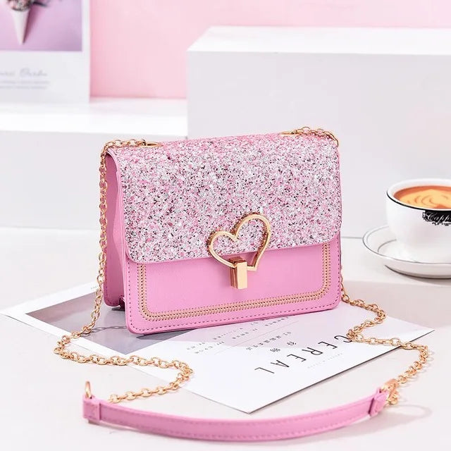 Women Sequin Love Shape Lock Shoulder Bag Chain Flap Bag