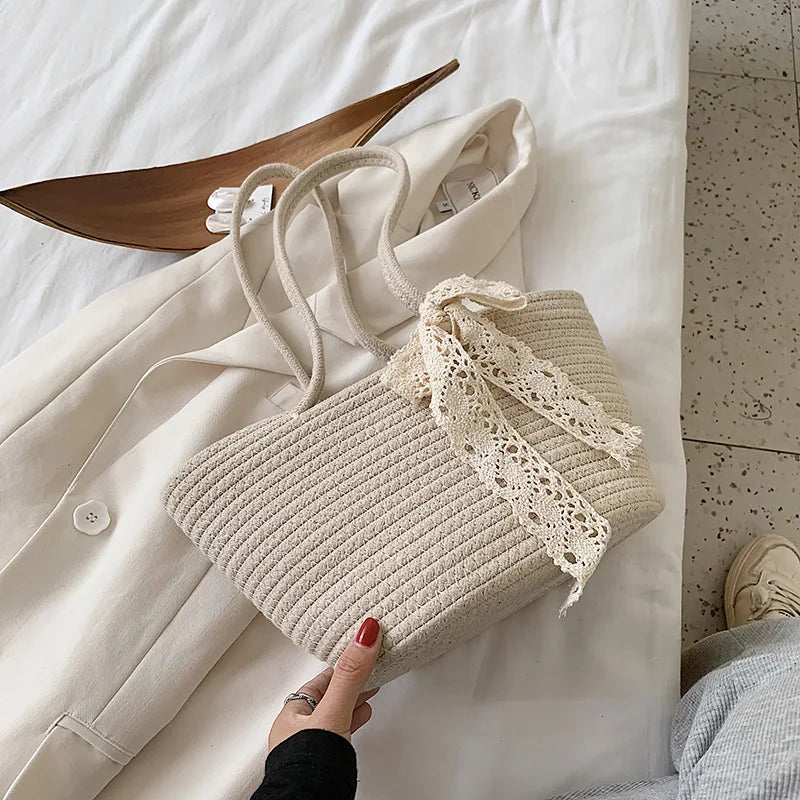 Women's Woven Ribbon Straw Bag - Summer Rattan Bucket Bag