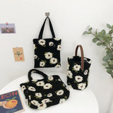 Winter Plush Flower Lunch Bag Casual Shoulder Embroidery Handbag