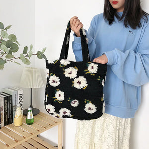 Winter Plush Flower Lunch Bag Casual Shoulder Embroidery Handbag