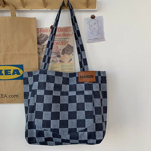 Checkered Canvas Shopper Handbag Eco Reusable Shoulder Bag