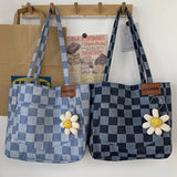 Checkered Canvas Shopper Handbag Eco Reusable Shoulder Bag