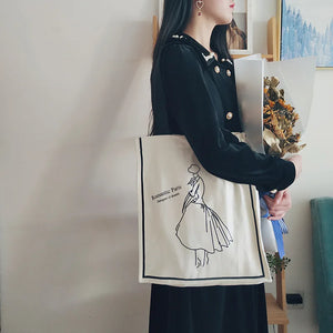 Canvas Cotton Print Zipper Shopping Bags Girls Casual Handbag
