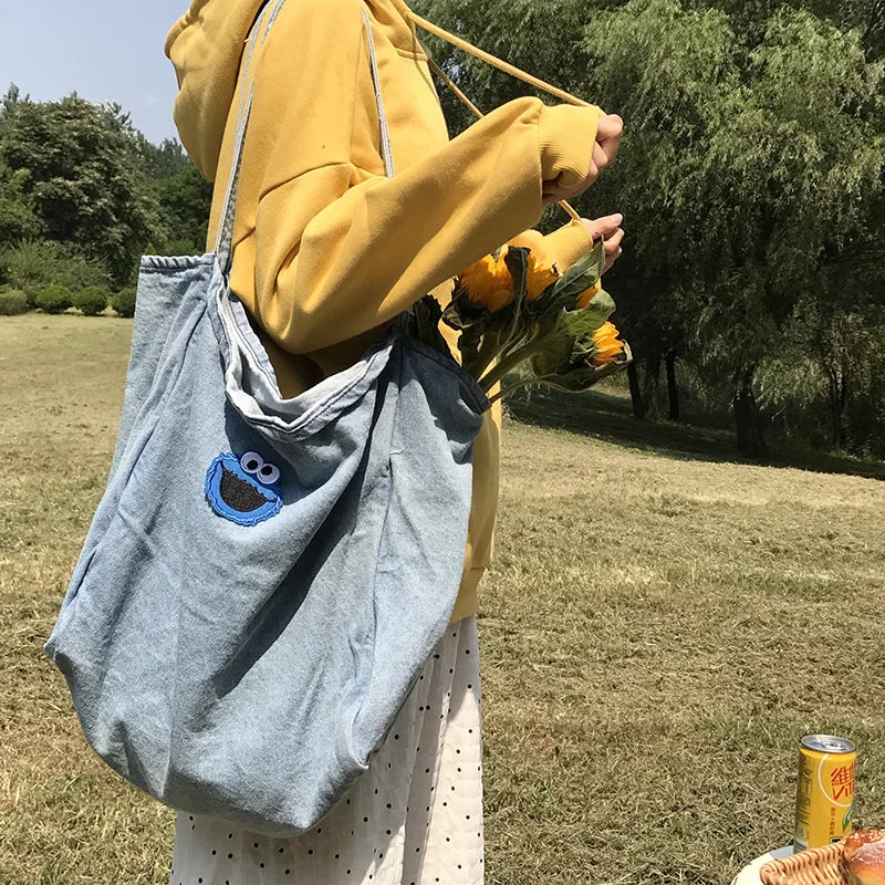 Embroidery Lady Handbag Denim Shopping Tote Classic Style Women's Shoulder Bag