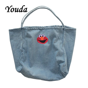 Embroidery Lady Handbag Denim Shopping Tote Classic Style Women's Shoulder Bag