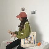 Canvas Shoulder Bag with Cartoon Pattern Print Handbag