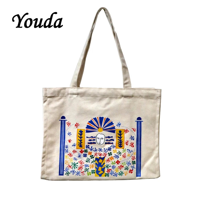 Canvas Shoulder Bag with Cartoon Pattern Print Handbag