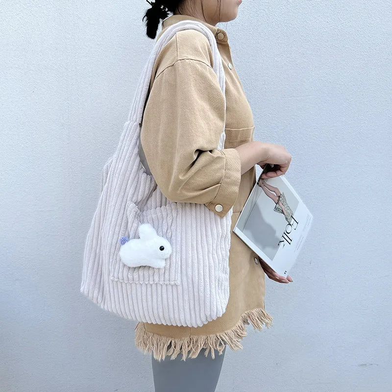 Corduroy Shoulder Bag Bunny Pattern Plush Large Capacity Tote Bag