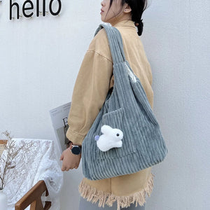 Corduroy Shoulder Bag Bunny Pattern Plush Large Capacity Tote Bag