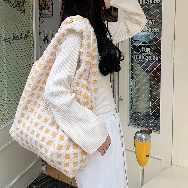 Flower Waffle Grid Pattern Shoulder Bag Casual Large Capacity Tote Bag