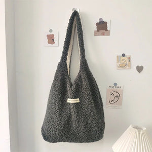 Women's Plush Shoulder Bag Reversible Shopper Tote