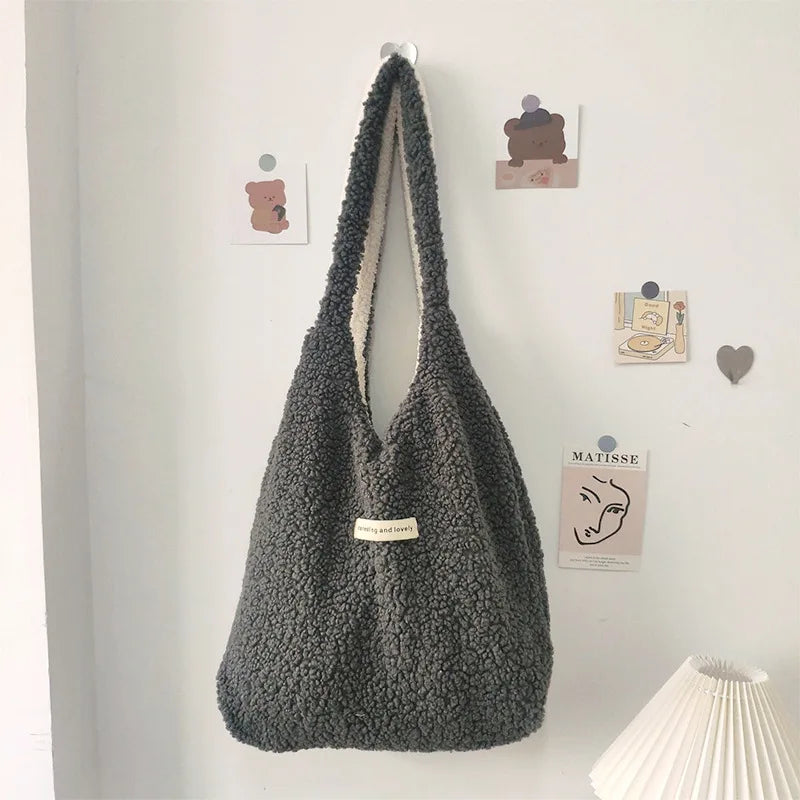 Women's Plush Shoulder Bag Reversible Shopper Tote