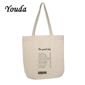 Large Capacity Canvas Shoulder Bag Zipper Casual Handbag Girls Shopping Bag